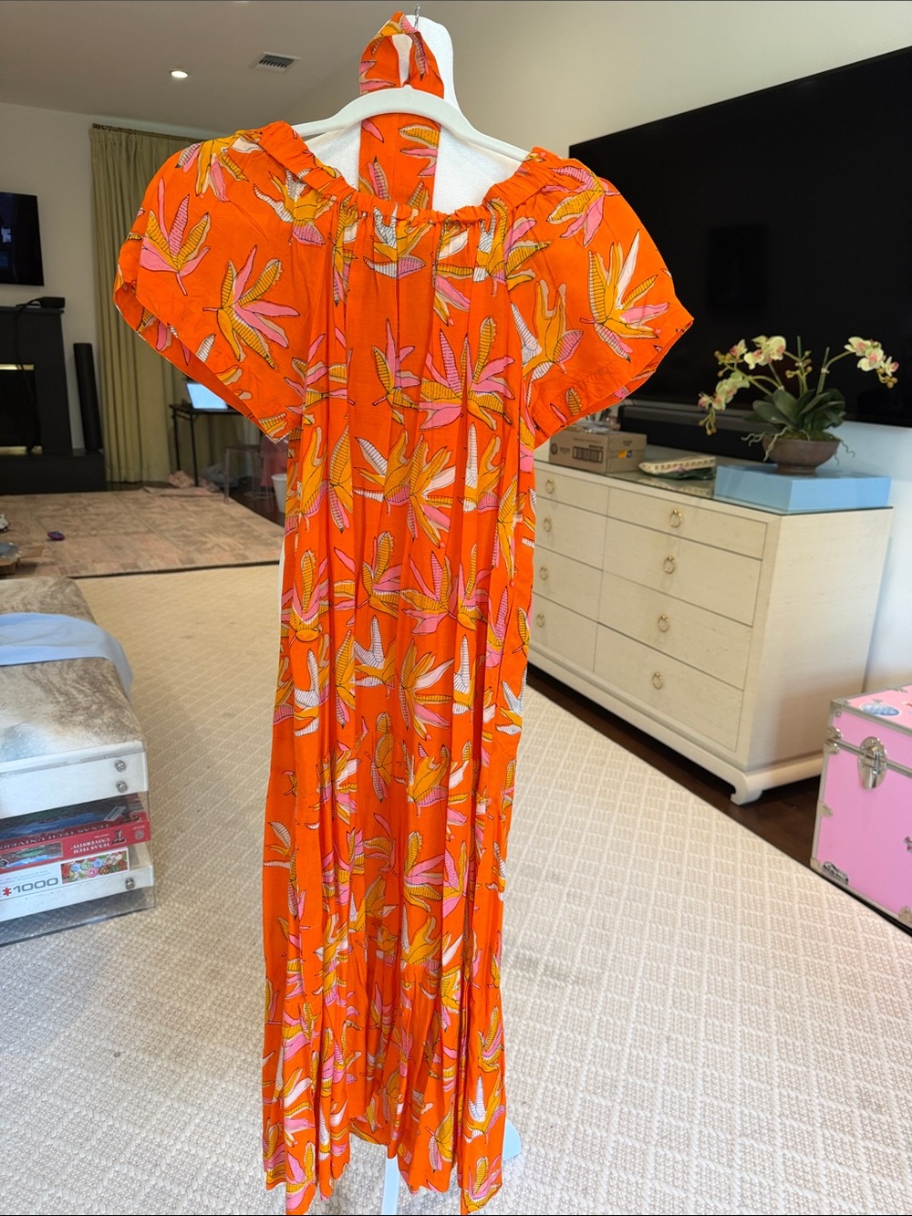 Oliphant- Women’s Orange Off The Shoulder Tropical Print MIDI Dress- Size: Small - Picture 6 of 9